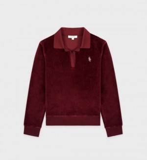 Women's Sporty And Rich SRC Velour Longsleeve Polo Sweatshirts Burgundy / White | rdqh7qgOvN7