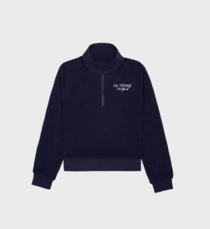 Women's Sporty And Rich SR Tennis Terry Quarter Zip Sweatshirts Navy | 4Qmbf9dEZam