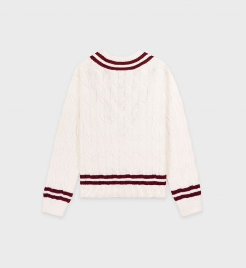 Women's Sporty And Rich SRC Cableknit V-Neck Sweater Knitwear White / Burgundy | nMzjDQj3iPd