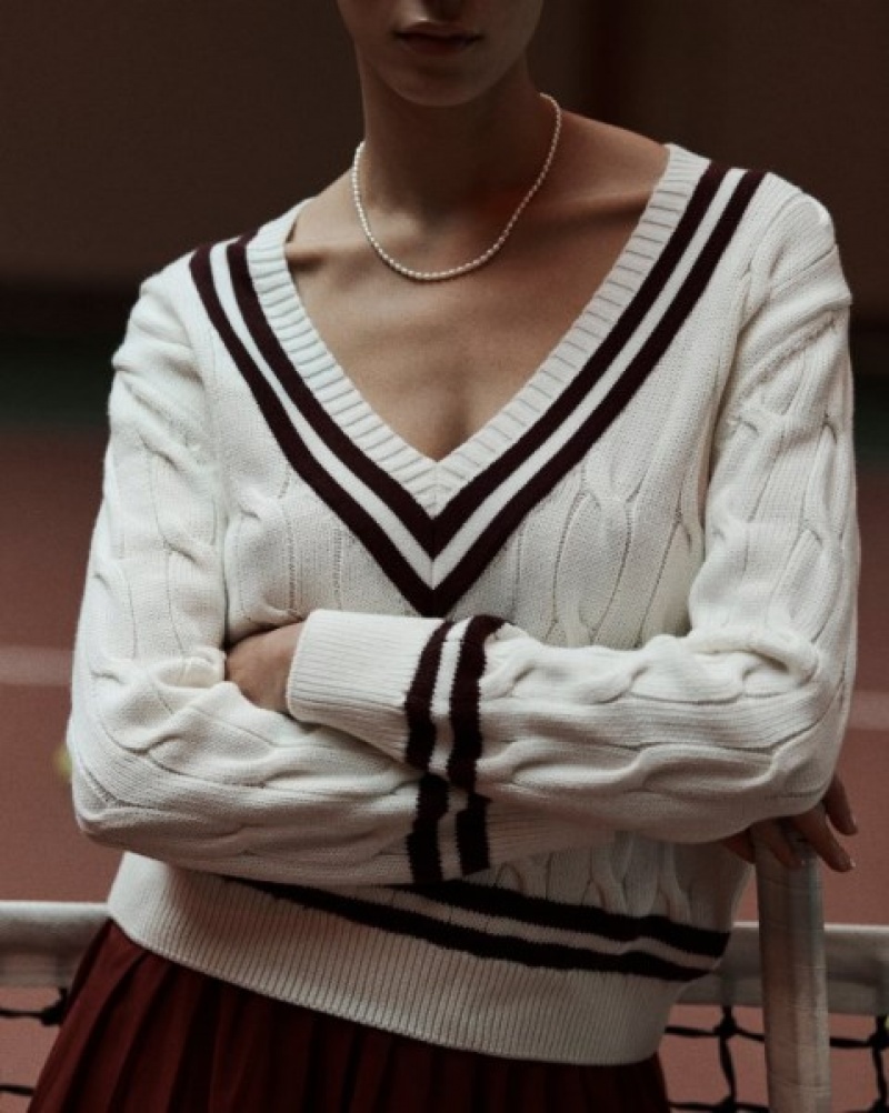 Women's Sporty And Rich SRC Cableknit V-Neck Sweater Knitwear White / Burgundy | nMzjDQj3iPd