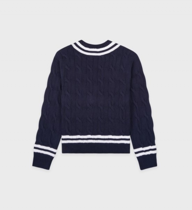 Women's Sporty And Rich SRC Cableknit V-Neck Sweater Knitwear Navy / White | aXhYP3Zf7EI