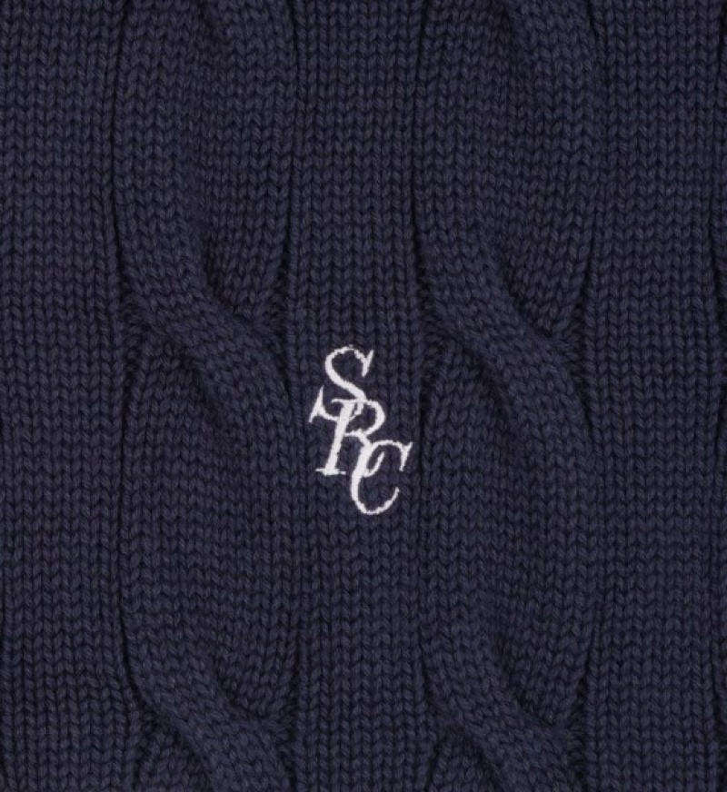 Women's Sporty And Rich SRC Cableknit V-Neck Sweater Knitwear Navy / White | aXhYP3Zf7EI