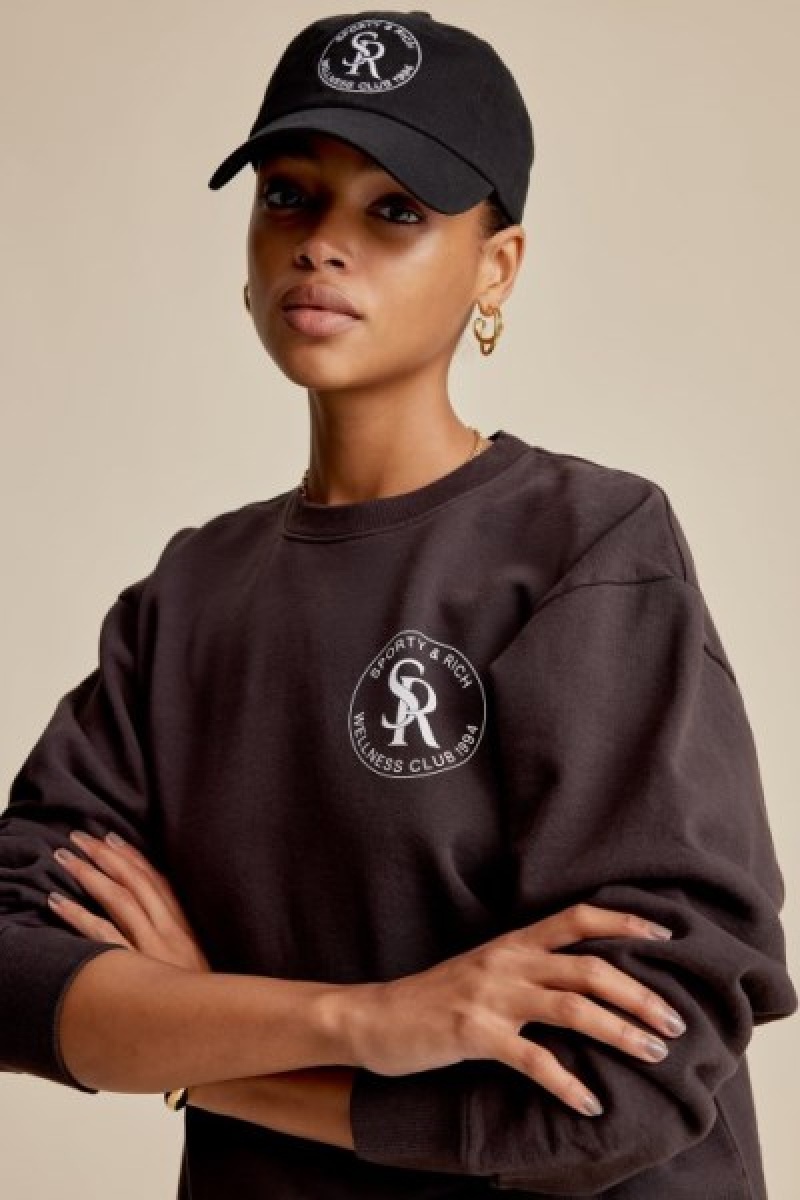 Women's Sporty And Rich S&R Crewneck Sweatshirts Black | YjiXaooyGAA