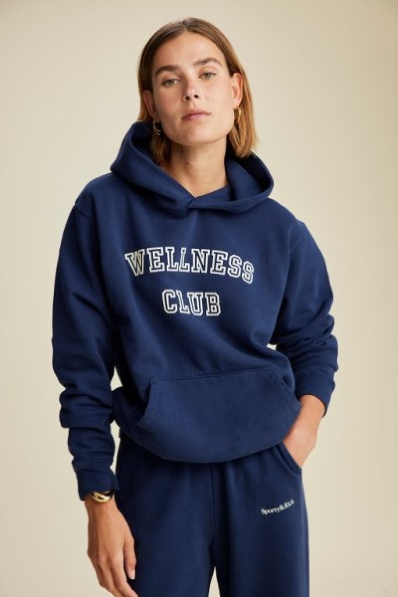 Women's Sporty And Rich Wellness Club Flocked Hoodie Navy | NH3o75l0nsr